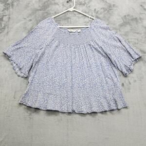 Caffe Marrakesh Top Womens L Blue Floral Shirred Ruffled Short Sleeve Rayon